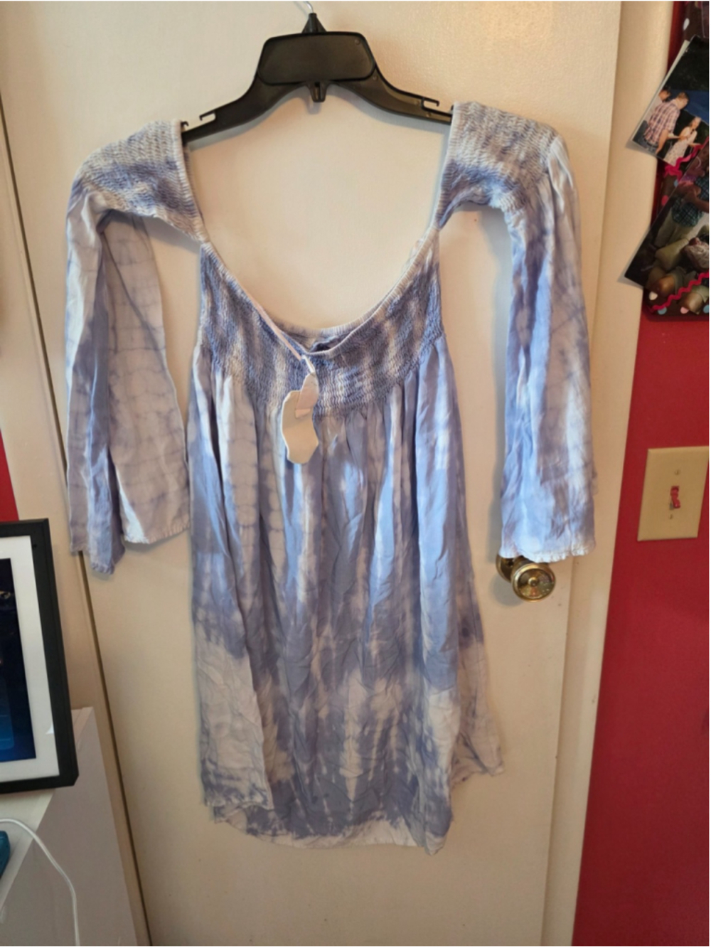 Kiwi + Punch Miami Tie Dye Off Shoulder Smocked Bell Sleeve Rayon Mini Dress Med